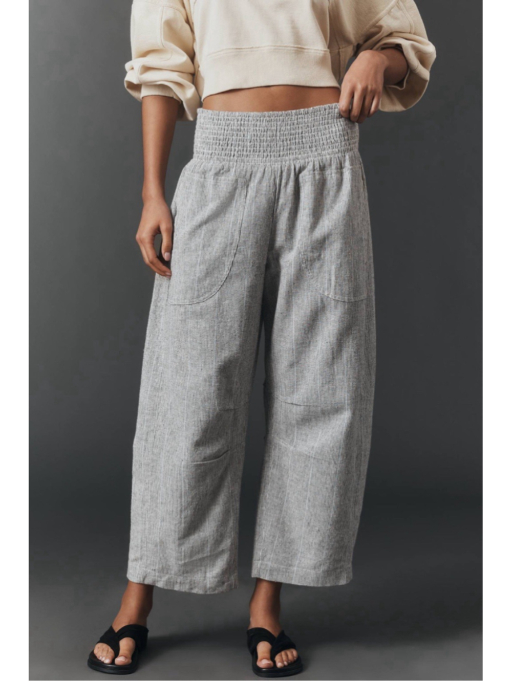 Anthropologie Pilcro Reese Pinstriped Smocked Barrel Leg Pants 1X Boho Linen